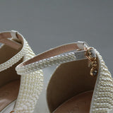 Breakj Heel Sandals White Buckle Shoes Fine Heel Fish Mouth Roman Sandals White Pearl