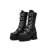 Breakj Black High Barrel PU Artificial Thick Bottom High And Martin Boots After Zipper Large-Size Stage Women's