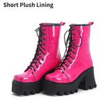 Boots Women Chunky Heel Rose Red Black Shoes Antumn Winter Patent Leather Combat Goth Lace Up Punk Ankle