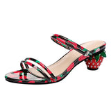 Women's Ladies Strawberry Printed Beach Party Shoes Summer Open Toe Low Heel Slip-on Crystal Slippers Sandals