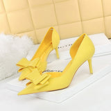 Breakj Korean Version Pedicure Slim And Sweet Women's Shoes Thin Heel High Heel Shallow Tip Side Hollow Bow Single