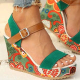 Dropship Platform Wedges Woman Sandals 2023 Summer New Women Floral Pattern Ankle Strap Sandals Fashion Green Wedge
