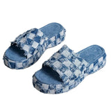 Female Summer 2023 New Color Plaid One-Word Slippers Thick Cloth Face
