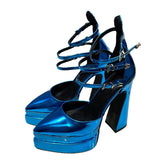 heel pointed toe double layer thick sole hollow shoes large size 43 green hollow sandals patent leather sexy women's