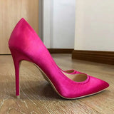 Rose Pink Women Satin Fabric Pointed Toe High Heels Ladies Chic Stiletto Pumps Bridal Silk Wedding Shoes Plus
