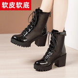Leather Net Gauze Martin Boots Summer 2023 New Waterproof Table Large Size Round Head High Heels With Lace-Up