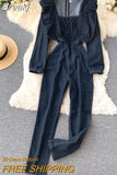 Women Denim Jumpsuit 2023 Spring Autumn Square Collar Long Sleeve Ruffled Slim Empire Long Rompers Casual Jeans