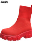 Women Thick Soles Casual Large Red Knitted Ankle Boots Spring New Women's Socks Boots Ladies Botas De Mujer Shoes