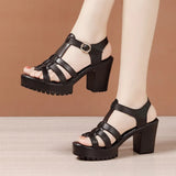 Summer New Thick-Soled Sandals, Women's Leather Waterproof Platform, High Heels, Thick Heels, Red Full-Size Fish Mouth