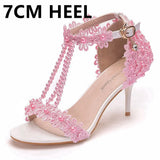 Queen High Heels 9CM 7CM 5CM Wedding Sandals Women Open Toe Strap Evening Party Summer Lace Flowers Pearl Tassel