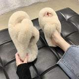 Women Cross House Furry Slippers Fashion Faux Fur Warm Shoes Women Slip on Flats Female Home Open Toe Pink Plush