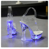 Color Square Heel Women Sandals Light Up Glowing Shoes Luminous Clear Sandals Platform Shoes High Heel 15cm Transparent