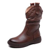 Breakj Boots Pile Boots Top Layer Of Kraft Mid-Sleet Boots Women Flat Bottom Soft Skin Autumn Winter Leather Martin Boots Horse Rider