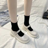 Buckle Mary Jane Shoes Thick-Soled Flat-Soled Spring Single Shoes Round Head White Bright Leather Small British Leather