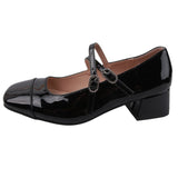 Vintage Silver Single Shoes Women's Thick Heel 2024 Spring Square Head Shallow Mouth Belt Buckle College Wind Mary Jane