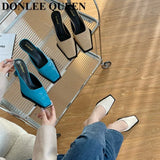 Weave Slippers Women High Heel Square Toe Shallow Mule Outdoor Slide Fashion Black White Plaid Flip Flops Zapatillas