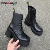 platform Boots Womens Ladies Chunky Wedge Platform Black Patent Leather Ankle Boots Punk Lady Botas Mujer