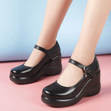 Breakj Head 8CM High-Slope And Waterproof Table Single Shoe Round Head Buckle Loose Cake Thick-Soled Mother Shoes Flat Bottom Shallow Women's
