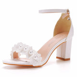 Breakj Cm Round Head With Thick Heel And Shallow Mouth With Sandals Beaded Flowers Wedding Dress Shoot High Heels
