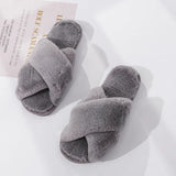 Winter Women House Slippers Faux Fur Fashion Cross Warm Shoes Woman Flats Female Open Toes Slides Pink Cozy Furry