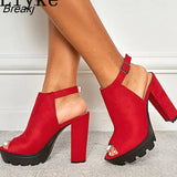 Women Chunky Platform Sandals Summer Flock Thick High Heels Open Toe Ankle Buckle Strap Ladies Shoes