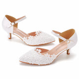 Breakj Cm Thin Heel Pointed Sandals In Low Heel Mary Jane Sandals White Lace Wedding Shoes Wedding