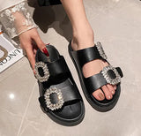 Rhinestone Belt Buckle Slippers Women Thicken Sole Shoes Ladies Casual Slides Outdoor Flipflops Silver Beach Sandals