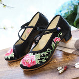 Breakj Heel Shoes Thick Heel Women's Shoes With Embroidered Cloth Shoes Cloisonne Blue Button Embroidered Peony Dance