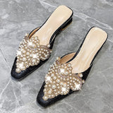 Slippers Women's Fashion Beaded Mules Shoes 2023 New Comfortable Medium Heel Thick Heel Pointed Sandals Zapatos De