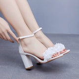 Breakj Cm Round Head With Thick Heel And Shallow Mouth With Sandals Pure White Flowers Bride Wedding Dress Shooting High