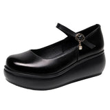 Breakj Skin Round Head Heel Slope And Shallow Mouth Single Shoes Waterproof Table Casual Leather Shoes Buckle With Loose Cake Thick-Soled Shoes Women