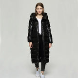 Winter Hooded Patent Leather Long Jacket Women Loose Thick Warm Snow Parkers White Duck Down Coat Waterproof