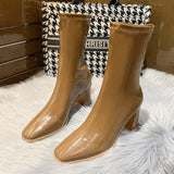 Celebrity Elastic Thin Thin Boots Female 2023 Autumn New Thick High Heel Temperament Short Boots Female White Lacquer Leather Martin