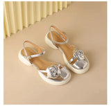 Breakj Summer Round Head Flowers Sweet Platform Sandals Comfortable One Word Buckle Beach Wind Low Heel Casual Women's