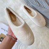 Winter White Wool Fur Shoes Woman Soft Fluffy Flats Warm Plush Cotton Loafers Fleece Lambswool Moccasins Femmes Furry