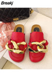 Women's Sandals Slippers 2023 Fashion Loafers INS Style Mules Shoes Summer Beautiful Gold Chain Flat Slippers（Size