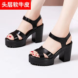 High-Heeled Sandals Women's Muffin Thick-Soled Waterproof Platform Size Velcro Leather Fish Mouth