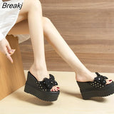 Heels Platform Slippers Women For Summer Sequin Bow High Heels Sandals Women 2023 Outdoor Beach Slippers Platform