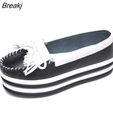 spring High Quality Women Flats Platform shoes Tassel Slip-on Round Creeper black Brogue Loafers