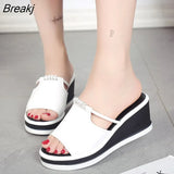 Women Slipper Sandals Heels Wedges Platform Leather Peep toe Crystal Elegant Female Sandals Ladies Mules 2 Summer
