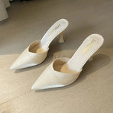 Women High Heels Solid Flock Slippers Mules Pointed Toe Fog Black Slides Women Home Slip On Flip Flops Heels 6CM/9CM Half