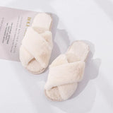 Winter Women House Slippers Faux Fur Fashion Cross Warm Shoes Woman Flats Female Open Toes Slides Pink Cozy Furry
