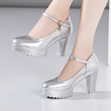 Heel 12Cm Cheongsam Model Catwalk Shoes Women's Thick Heel Thick-Soled Waterproof Platform Non-Slip Round Head Soft Leather Large-Size Single
