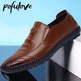 Men's Peas Shoes Slip-On Casual Comfort Soft Sole Driving Shoes Black Leather
