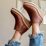 Breakj Slope And Short Boots Women's New Flat Bottom Side Zipper Round Head Solid Color Bare Boots Thick Bottom Leather Boots In The Autumn And Winter Of