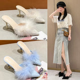 Large-Size High-Heeled Hairy Slippers Female Pointed Sexy Thin Fashion Shoes