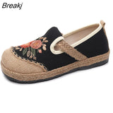 Flower Embroidered Women Handmade Linen Cotton Slip On Espadrilles Loafers Comfortable Sneakers Casual Walking Shoes