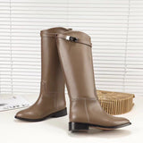 Sexy Women Motorcycle Booties Belt Strap Metal Shark Lock Flat Heel Knee High Boots Woman Genuine Leather Botas