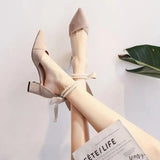 Thick Heel Sandals Pointed Toe String Bead Chain High Heels Sweet Bow Ladies Pumps Mid Hollow Party Dress Single