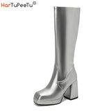 Gold Knee High Boots Women 2023 Four Seasons 10cm Chunky Heels Shoes Square Toes Long Booties Big Size 48 Botas